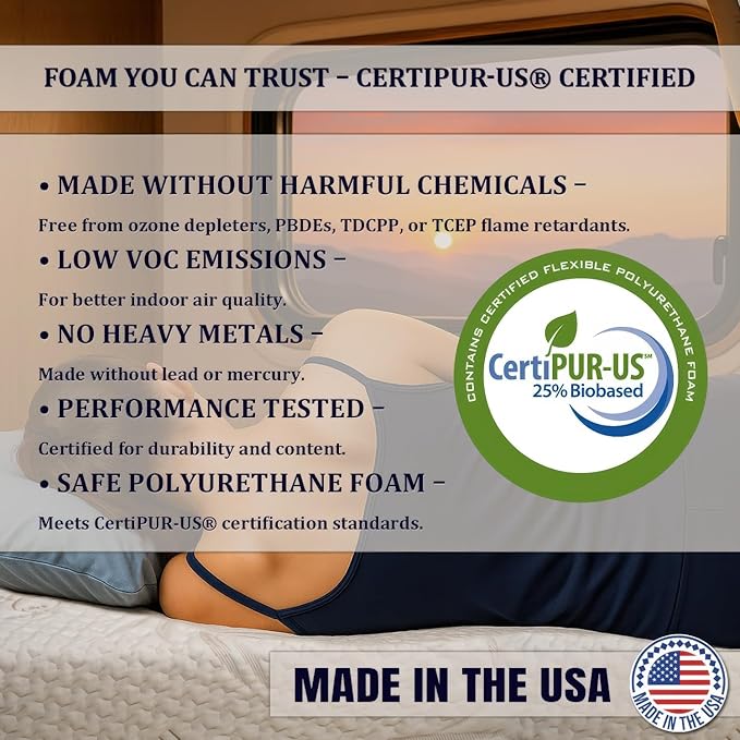Foamma 12” x 30” x 75” Truck, Camper, RV High-Density Bunk Mattress, Organic Cotton Cover, Made in USA, Comfortable, Travel Trailer, CertiPUR-US Certified