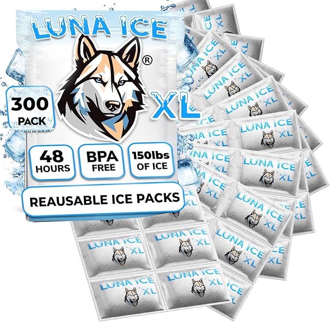 LUNA ICE Dry Ice Packs for Shipping XL - Long Lasting ice Packs - 24+ Hour Freeze Power - BPA Free - 300 Pack Bulk 150 lb – Hielo Seco - Reusable Gel Bricks for Food