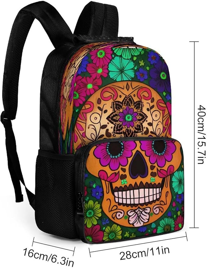 Daypack Backpack Polyester Multipurpose Anti-Theft Grunge Mexican Sugar Skulls Day Of The Dead Flowers Art Shoulder Bag Big Capacity Gym Outdoor Hiking Backpack With Smooth Zippers