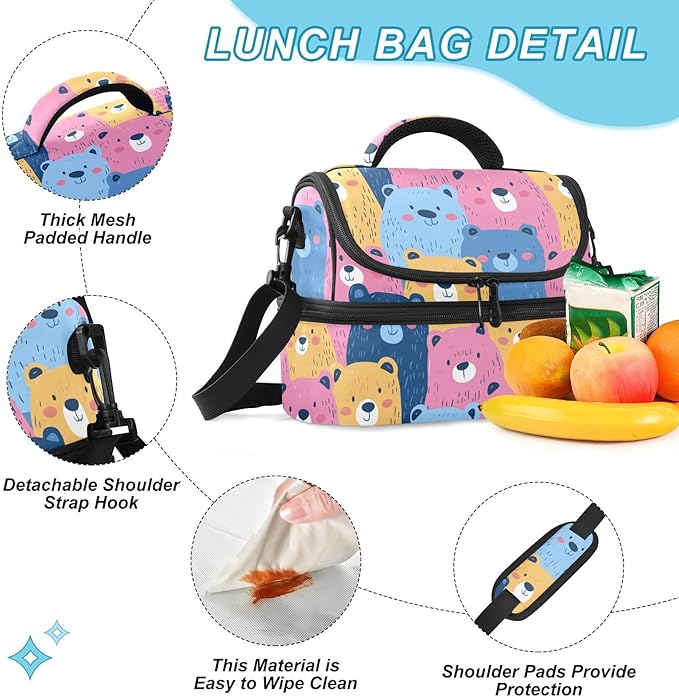 Double-Layer Lunch Bag Cartoon Bears Double Deck Cooler Bags with Detachable Shoulder Strap for Office Picnic Hiking Beach lonchera termo para comida Caliente