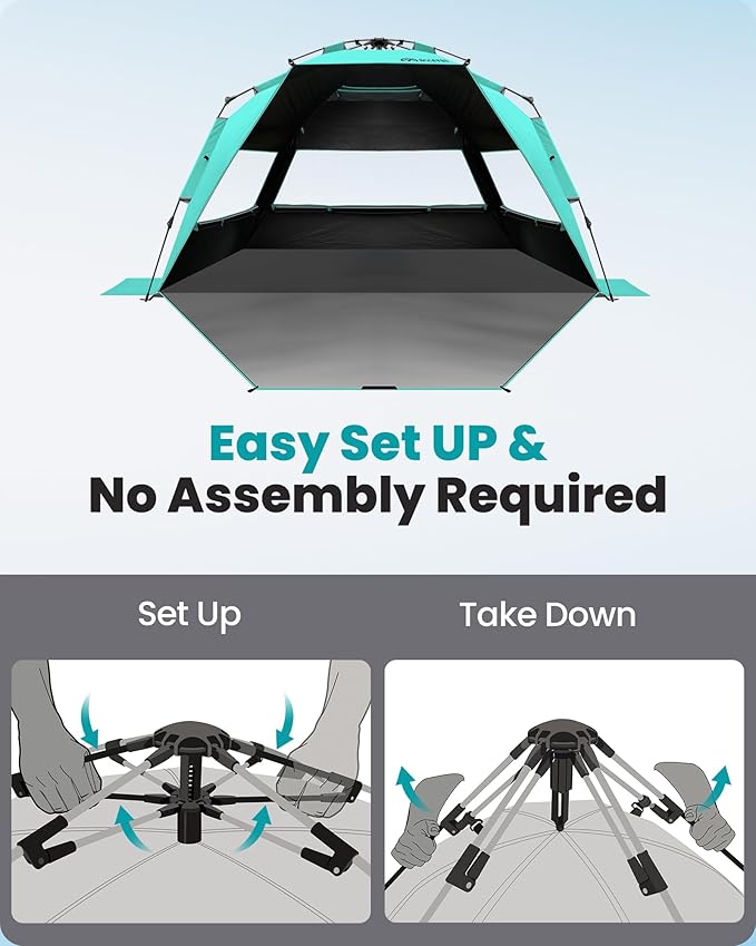 OutdoorMaster Beach Tent with Blackout Shelter Technology, Portable Sun Shade Shelter 4 Person, Pop Up Beach Tents with UPF 50+ UV Protection, 9.5mm Thick Pole, 3 Ventilating Mesh Windows -Green