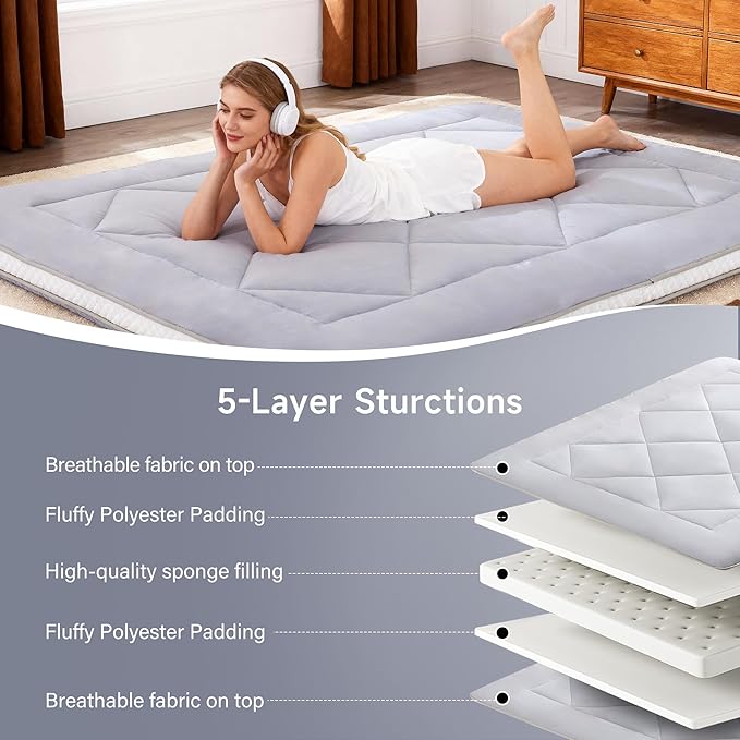Welnow Japanese Futon Floor Mattress, Thick Full Size Tatami Mat Portable & Foldable Roll Up Floor Bed Mattress with Storage Bag, Sleeping Pad for Adults, Dorm, Guest Bed, Camping and Travel, Grey