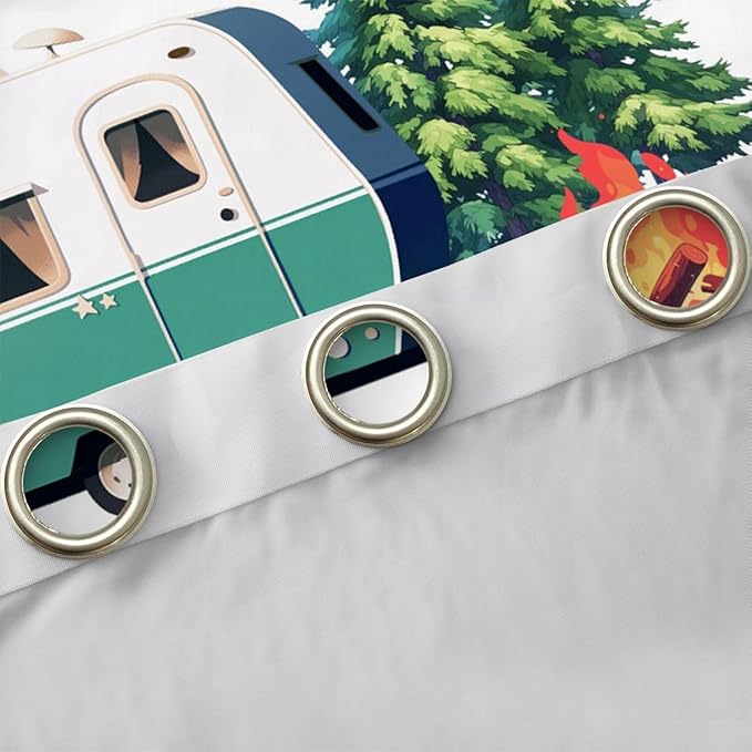 Camping Adventure Blackout Curtains,Stripe RV Trailer Cartoon Camper Boys Girls Room Decor,Bonfire Campfire Pine Tree Rustic Window Drapes,Natural Green 2 Panels,52Wx96L inch