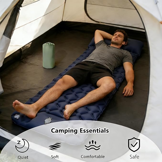 SNZ Camping Sleeping Pad, Ultralight Camping Mat with Pillow, Built-in Foot Pump Inflatable Sleeping Pads Compact for Backpacking, Tent, Travel, Outdoor Activities (Single)