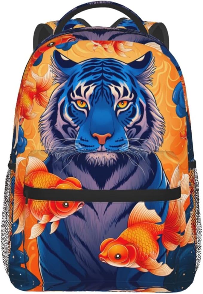 Shoulder Book Bags Anti-Theft Multipurpose Big Capacity Bookbag, Watercolor Tiger Gold Fish Art Travel Hiking Backpack With Smooth Zippers