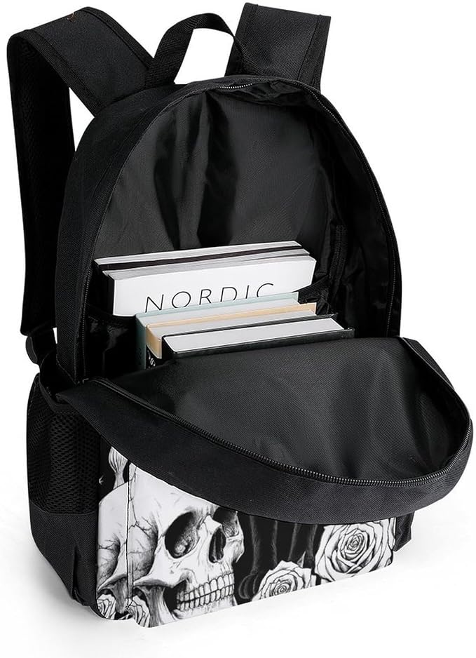 Supdreamc Polyester Daypack Backpack for Climbing Outdoors Running, Big Capacity Multipurpose Anti-Theft Bookbag, Black Cat Rose Skull Goth Travel Hiking Camping Rucksack