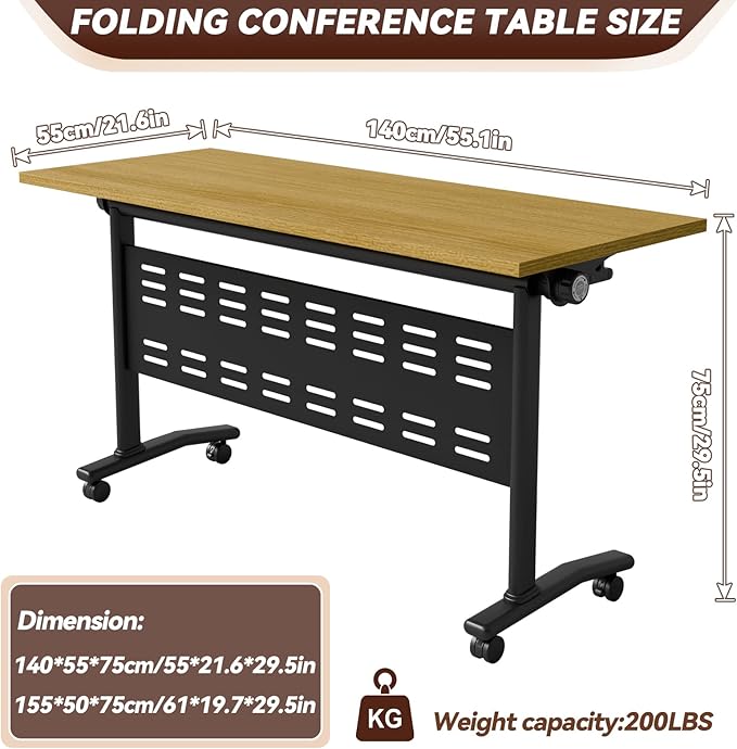 Modular Conference Room Table, Folding Seminar Desk with Wheels, Large Mobile Office Meeting Table for Classroom Training, Flip-Top Stackable Conference Tables,4 Packs Maple Color