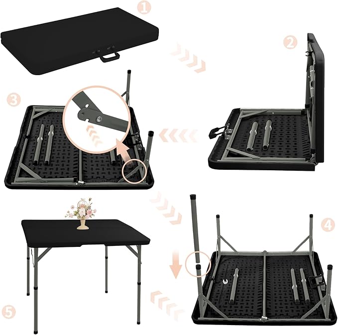 Set of 2 Square Folding Table 34in Multi-Functional Portable Folding Card Table with Carrying Handle for Indoor Outdoor Camping,Picnic, Office, Party Use HDPE Plastic Tabletop with Metal Frame(Black)