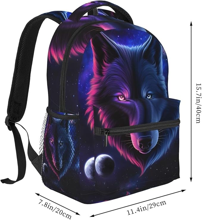 Daypack Backpack Anti-Theft Multipurpose Big Capacity Bookbag, Pink And Blue Cool Wolf Moon Art Business Computer Bag With Side Pockets