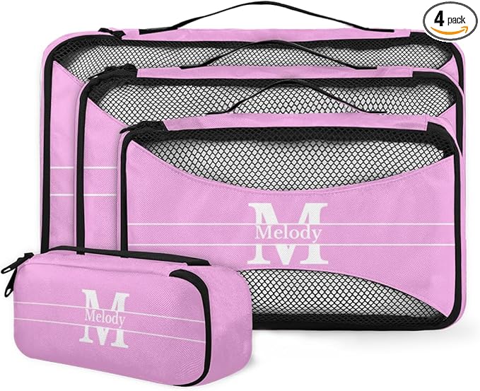 Personalized Name 4 Set Packing Cubes Pink Luggage Packing Organizers Travel Accessories for Women Girls with Initial Letter