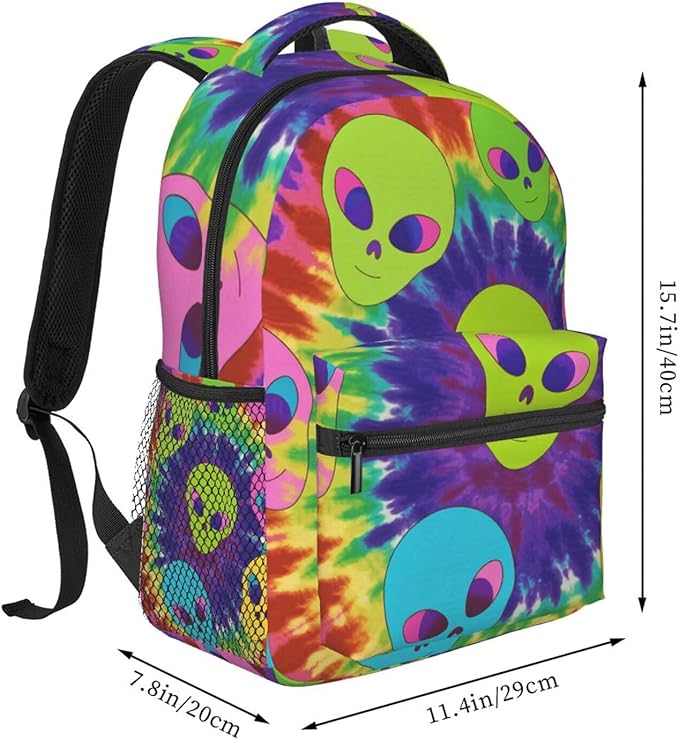 Lightweight Daypack Backpack for Trekking Work Running, Big Capacity Multipurpose Anti-Theft Bookbag, Colorful Alien Tie Dye Art Business Computer Bag