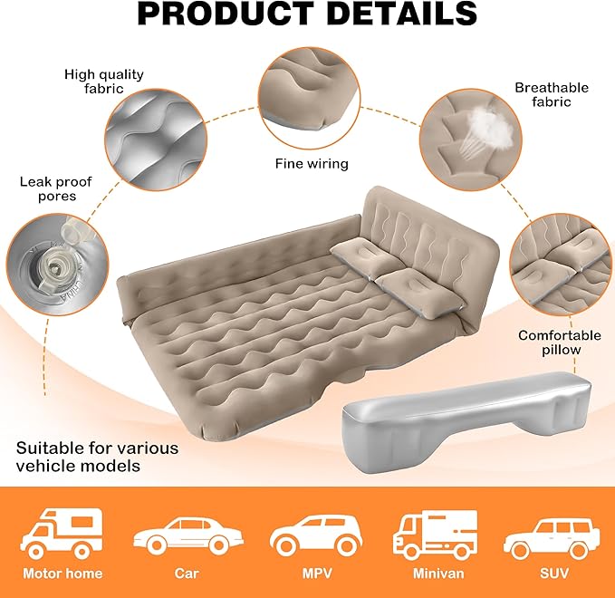 SUV Air Mattress Camping Bed - Car Mattress Back Seat Portable Foldable Car Air Bed SUV Sleeping Pad Car Bed Mattress for Sedan SUV Truck-Grey-YX