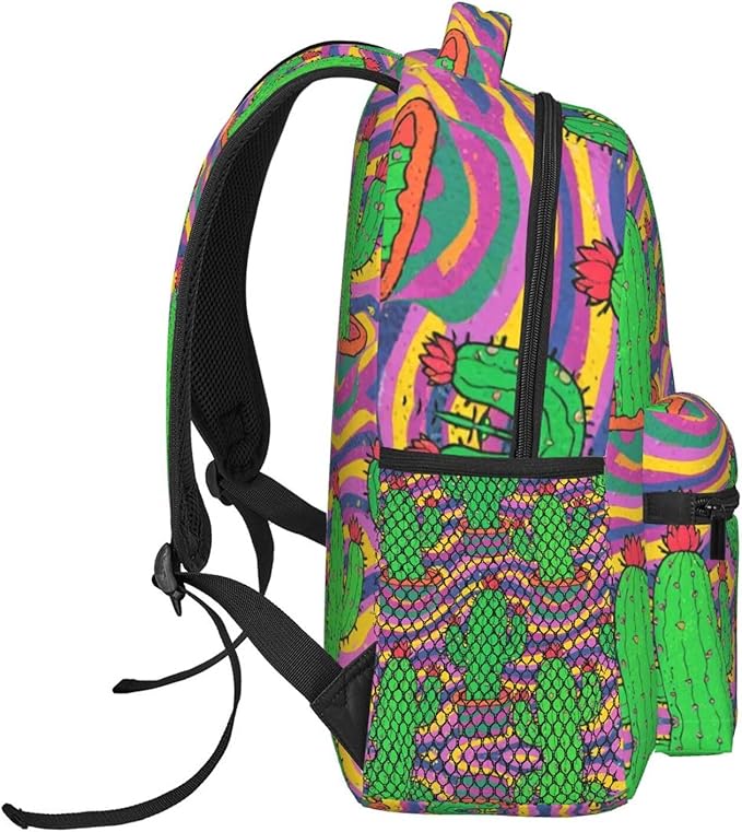 Men Women Polyester Psychedelic Cactus Art Backpack Large Capacity Bookbag With Smooth Zippers for Climbing Picnic Bicycle
