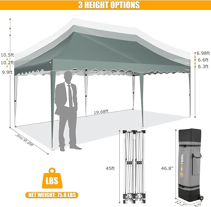 HOTEEL 10x20 Pop Up Canopy, Outdoor Easy Setup Party Tent, Waterproof Portable Enclosed Event Shelter with Wheeled Bag, Weight Bag for Backyard, Vendor, Grey Green
