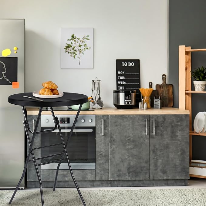 Cocktail Table 28in Folding Round High Top Indoor Outdoor with Removable Legs, Tall Bistro Foldable Bar Height Table for Parties, Patio, Backyard, Dining Room, Events, Black- 2PCS