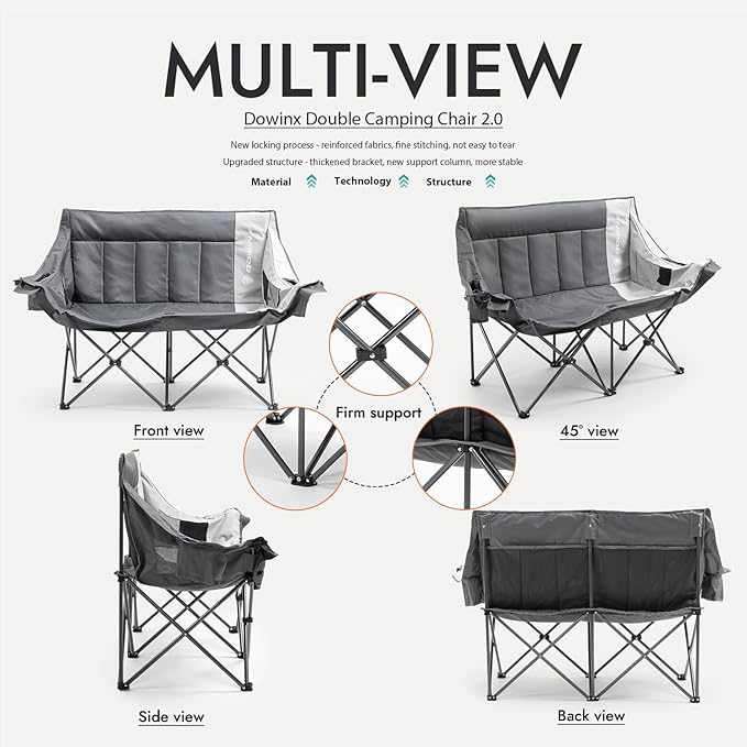 Dowinx Double Camping Chair, Oversized Folding Loveseat with Padded Seat, 660lbs Heavy Duty Portable Lawn Chair with Cup Holders, Glass Holders & Back Storage for Adults, Camping, Beach, Picnic - Gray