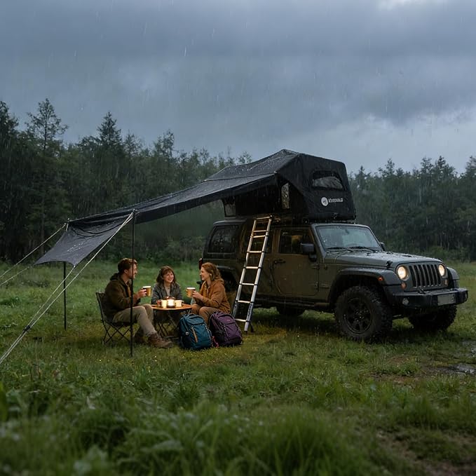 PlayDo Inflatable Rooftop Tent Easy Setup Camping Tent for The Roof of Sedans Pickup Blow Up Roof Top Tents SUV Truck Van Glamping Tent with Porch, Strip Light for 2-3 Person