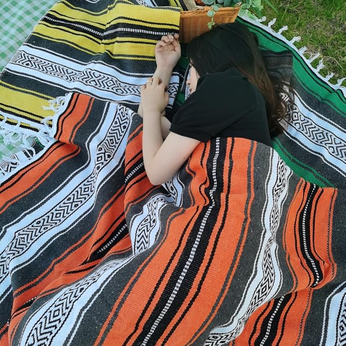 Airooglee Large Mexican Blanket - Perfect as Yoga Blanket, Outdoor Blanket, Beach Blanket, Serape Blanket, Picnic Blanket, Camping Blanket, Boho Home Décor (Orange)