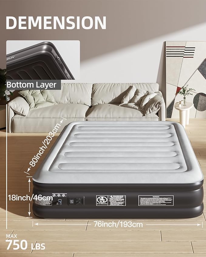 CHILLSUN 2025 Upgraded King Air Mattress with Built in Pump, 18" Raised Comfort Blow up Mattress, Luxury Air Bed Inflatable Mattress for Guests & Home, Colchones Inflables AirBed 750lbs Max