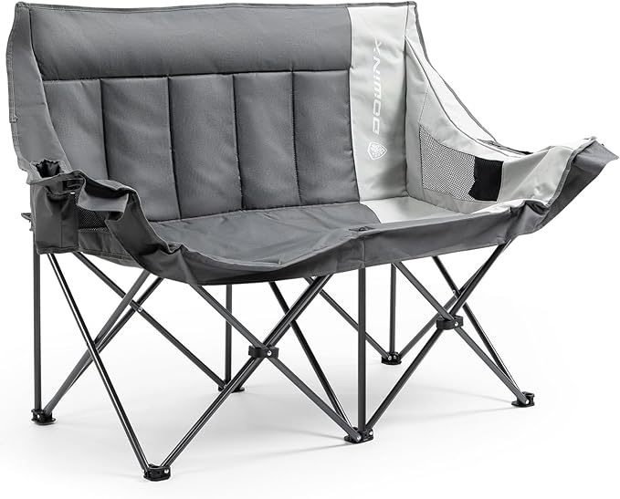 Dowinx Double Camping Chair, Oversized Folding Loveseat with Padded Seat, 660lbs Heavy Duty Portable Lawn Chair with Cup Holders, Glass Holders & Back Storage for Adults, Camping, Beach, Picnic - Gray