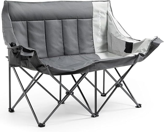 Dowinx Double Camping Chair, Oversized Folding Loveseat with Padded Seat, 660lbs Heavy Duty Portable Lawn Chair with Cup Holders, Glass Holders & Back Storage for Adults, Camping, Beach, Picnic - Gray