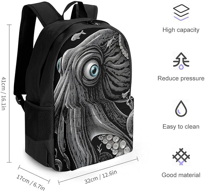 Supdreamc Polyester Daypack for Hiking Work Running, Big Capacity Anti-Theft Multipurpose Shoulder Bag, Giant Squid Octopus Art Travel and Sport Backpack Rucksack
