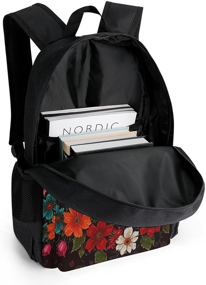 Men Women Lightweight Red Colorful Flowers Sugar Skull Backpack Large Capacity Carry On Bag With Padded Straps for Sports Work Walking Cycling