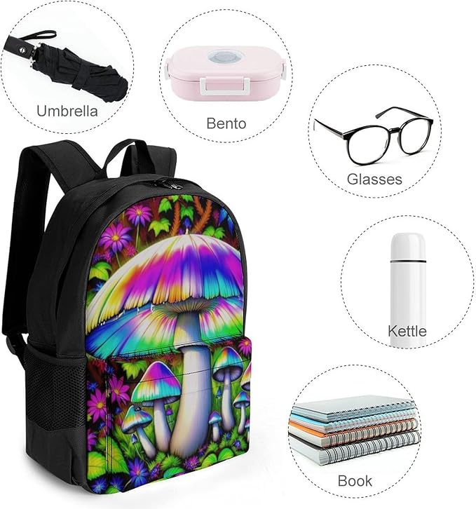 Women Men Polyester Risks Of Magic Mushrooms Casual Daypack Large Capacity Bookbag With Side Pockets for Sports Picnic Walking Cycling