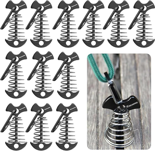 Deck Anchors with Carabiners XINCAMPING 12pcs Aluminum Deck Tie Down Anchor, Fishbone Stake Tent Stakes,Windproof Rope Tighteners & Adjusters for Tents, Canopies, Camping Furniture Black