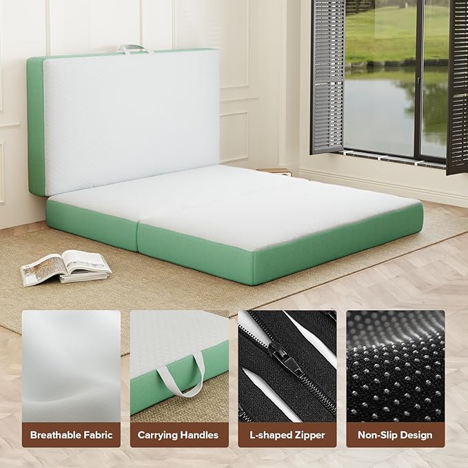Memory Foam Trifold Mattress, Twin Portable Floor Bed 6 Inch, Foldable Mat with Washable Cover, Handle & Non-Slip Bottom, for RV, Travel, Camping, Yoga, 75"x38"x6", White Green