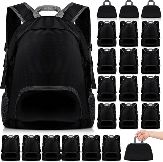 Dunzy 24 Pcs 20l Foldable Backpacks Bulk Lightweight Basic Back Pack Wholesale for Homeless Donation Corporate Events Travel Camping (Black)
