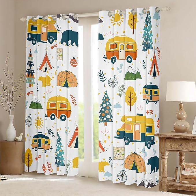 jejeloiu RV Camping Curtains for Bedroom Living Room Tent Mountain Tree Blackout Darkening Drapes Cartoon Camping Car Window Treatments, 2 Panels 38 x 54 Inch Cartoon Animal Room Decor