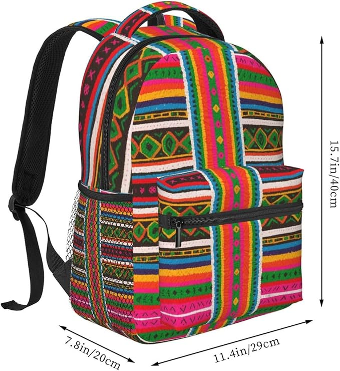 Daypack Anti-Theft Multipurpose Large Capacity Shoulder Bag, Colorful Mexican Blanket Stripes Art Travel Hiking Camping Rucksack With Smooth Zippers