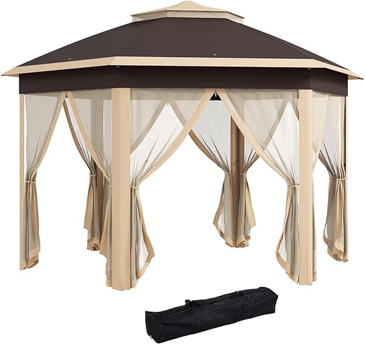 Outsunny 13' x 13' Pop Up Gazebo, Hexagonal Canopy Shelter with 6 Zippered Mesh Netting, Event Tent with Strong Steel Frame for Patio Backyard Garden Wedding Party, Beige