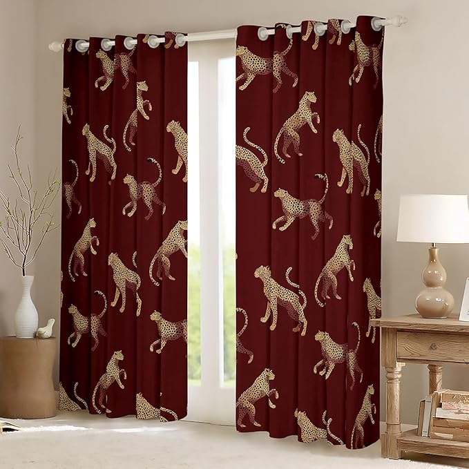 Leopard Window Curtain | Wild Animal Cheetah Blackout Curtain for Men Bedroom Decor,Africa Animals Curtains Vintage Red Living Room Top 2 Panels,52Wx63L