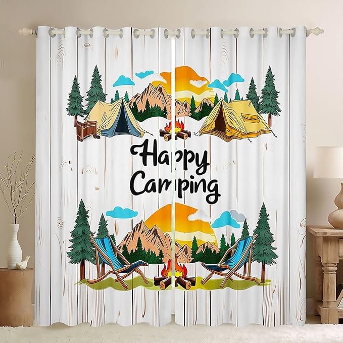 Erosebridal Happy Camping Window Curtains 42" Wx63 L Camper Adventure Blackout Curtains for Bedroom Living Room,Camping Lovers Window Treatments Wooden Plank Rustic Drapes Decor 2 Panels