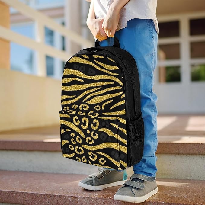 Supdreamc Polyester Daypack Backpack for Climbing Outdoors Running, Big Capacity Multipurpose Anti-Theft Bookbag, Gold Glitter Animal Skin Tiger Stripes Print Travel Hiking Camping Rucksack