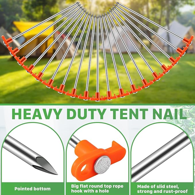 20 Pack Tent Stakes,10 Inch Heavy Duty Metal Tent Pegs,Tent Pegs Camping Stakes,Non-Rust Ground Stakes Tent Spikes for Outdoor Camping Garden,with 2 Pcs 10FT Ropes(Orange)