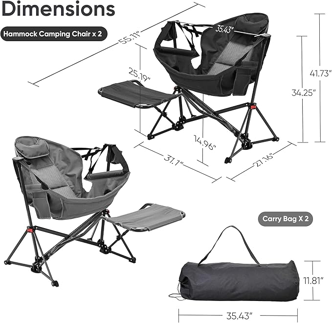 Ainfox Hammock Camping Chair with Footrest, Heavy Duty Foldable Portable Rocking Hammock Chairs Outside Swinging Camp with Cup Holder Pillow for Outdoor Patio Poolside Black Grey