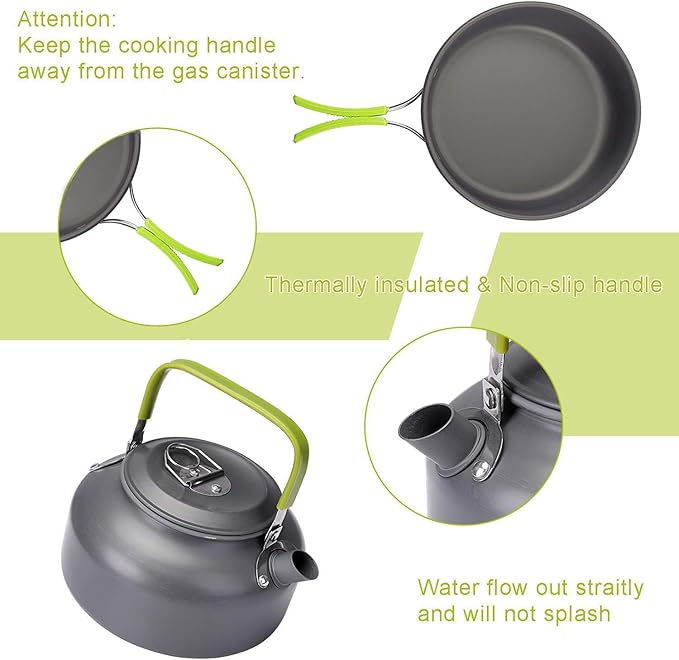 Peidesi Camping Cookware Mess Kit, Portable Camp Stove Pots and Pans Set, Carabiner, Folding Knife, Fork Spoon Kit, Carry Mesh Bag,Teapot for Backpacking, Outdoor Camping, Hiking and Picnic（16Pcs）