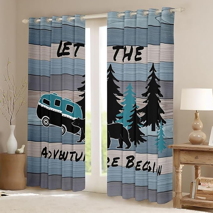 Camper Adventure Blackout Curtains,Bear Pine Tree Rustic Farmhouse Blackout Curtains,Wooden Plank Cottage Cabin Boys Girls Room Decor,Blue Black 2 Panels,52Wx84L inch
