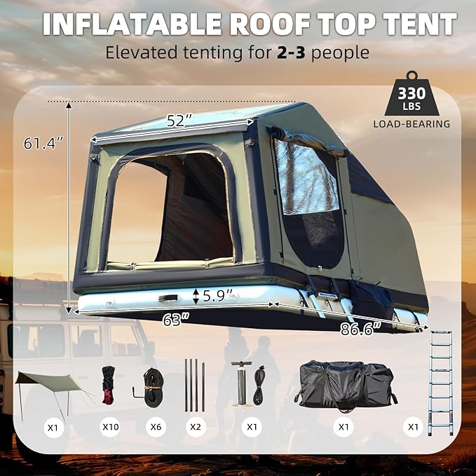 YOLENY Inflatable Rooftop Tent, Multi-Purpose SUV Tents with Air Cushion, 2 TPU Skylights, Telescopic Ladder & Extended Canopy, Full Dull Poly Textured Oxford, Easy Set-up for Camping