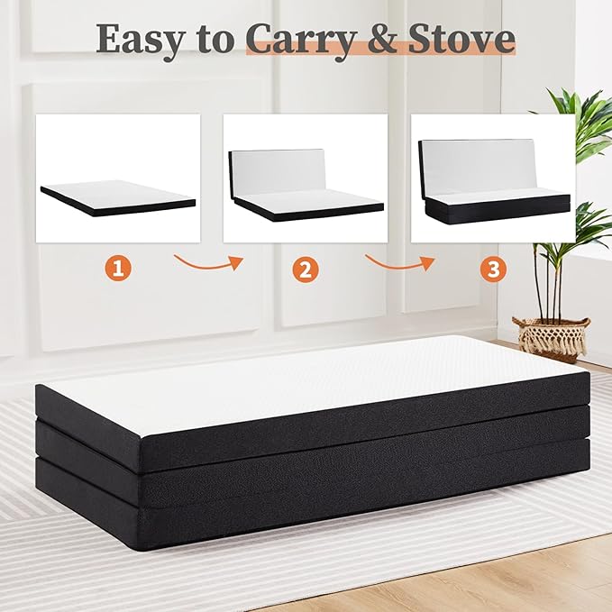 Folding Memory Foam Mattress, 3" Tri-Fold Twin Mattress Topper with Washable Cover, Portable Guest Floor Bed Non-Slip for Travel Camping