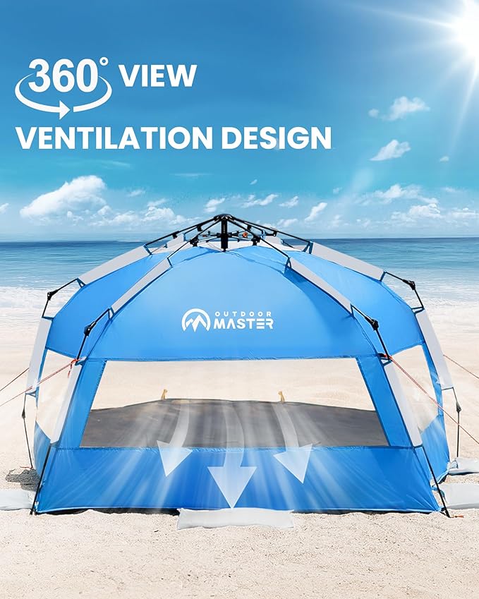 OutdoorMaster Beach Tent with Blackout Shelter Technology, Portable Sun Shade Shelter 4 Person, Pop Up Beach Tents with UPF 50+ UV Protection, 9.5mm Thick Pole, 3 Ventilating Mesh Windows