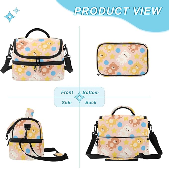 Double-layer Insulated Lunch Bag Cute Bear Star Waterproof Bags with Side Tissue Pocket for Beach Travel Car