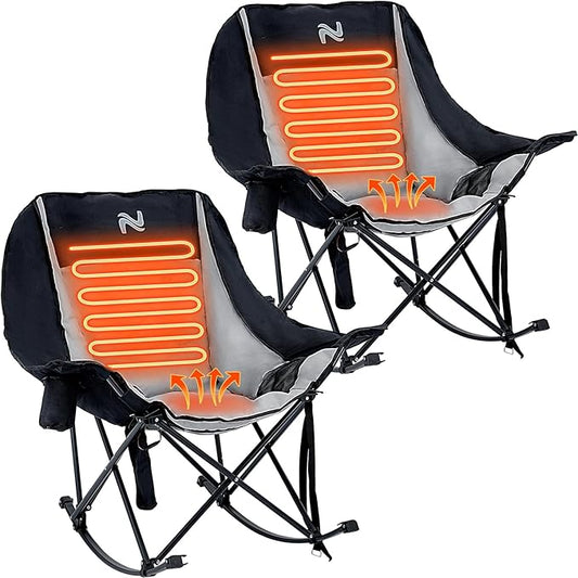 Begonia.K Oversized Heated Rocking Camping Chair - 400lbs Capacity Padded Camping Recliner w/ 3 Levels Back Seat Heat - Folding Lawn Chair with Side Pockets for Camp Patio Backyard