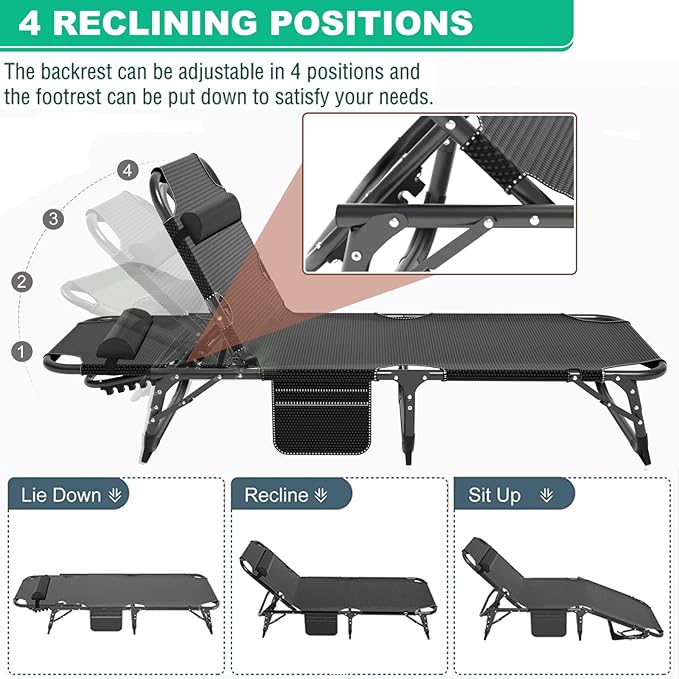 LILYPELLE Adjustable 4-Position Camping Cot, 500lbs, Folding Chaise with Pillow, Outdoor Portable Furniture for Adults, Cot Bed for Camping, Pool, Beach, Patio
