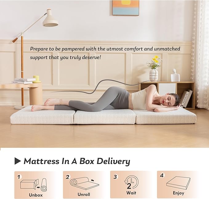 MLILY Foldable Mattress, 3 inch Twin XL Tri Fold Memory Foam Mattress Topper, Floor Bed with Washable Cover for Camping, RV Travel and Guest Sleeping Mat, 80"×38"×3", White