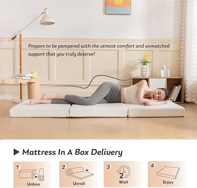 MLILY Foldable Mattress, 4 Inch Twin XL Tri Fold Memory Foam Mattress Topper, Floor Bed with Washable Cover for Camping, RV Travel and Guest Sleeping Mat, 80"×38"×4", White