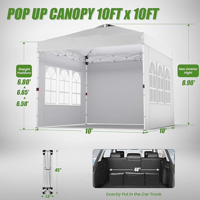 Shades 10x10 Pop Up Canopy with 3 Sidewalls & 4 Sandbags,Heavy Duty Beach Tent with Portable Bag,Sun Shelter for Parties,Events,Outdoor Gazebo with 420D Coated Waterproof White Fabric
